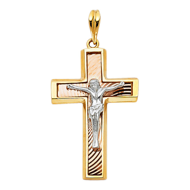 14K Tricolor Gold Rectangular Lattice Crucifix Pendant