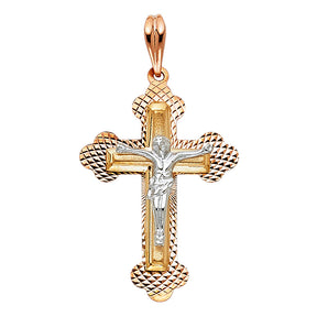 14K Tricolor Gold Diamond-Cut Ornate Crucifix Pendant