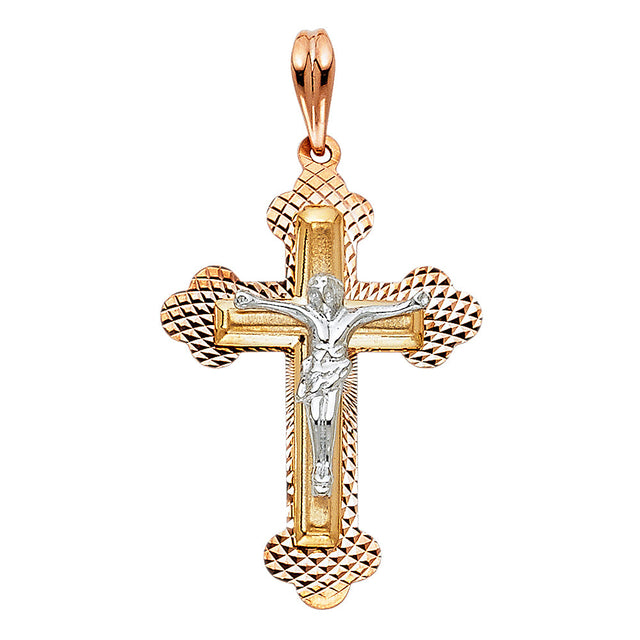 14K Tricolor Gold Diamond-Cut Ornate Crucifix Pendant