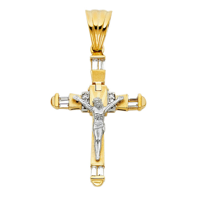 14K Two-Tone Gold CZ Fancy Crucifix Pendant