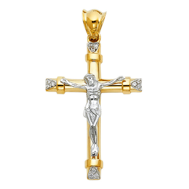 14K Two-Tone Gold CZ Fancy Crucifix Pendant