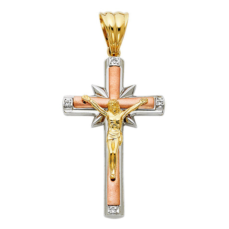 14K Tricolor Gold CZ Fancy Crucifix Pendant