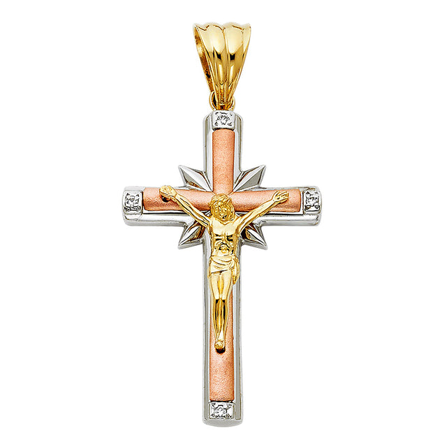 14K Tricolor Gold CZ Fancy Crucifix Pendant