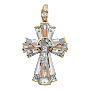 14K Tricolor Gold CZ Fancy Crucifix Pendant