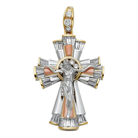 14K Tricolor Gold CZ Fancy Crucifix Pendant