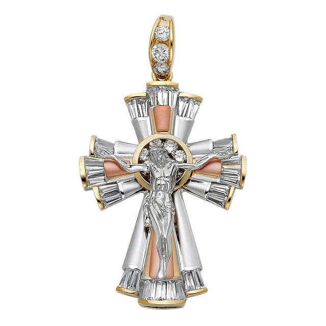 14K Tricolor Gold CZ Fancy Crucifix Pendant