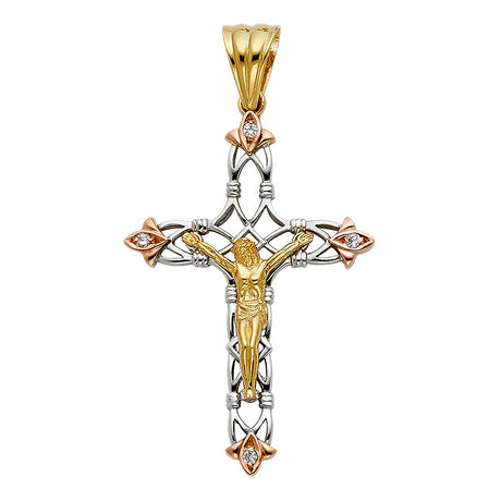 14K Tricolor Gold CZ Fancy Crucifix Pendant