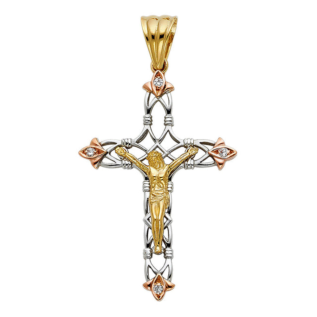 14K Tricolor Gold CZ Fancy Crucifix Pendant