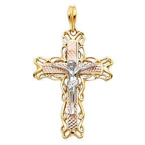 14K Tricolor Gold Fancy Crucifix Pendant
