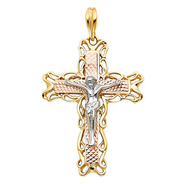 14K Tricolor Gold Fancy Crucifix Pendant