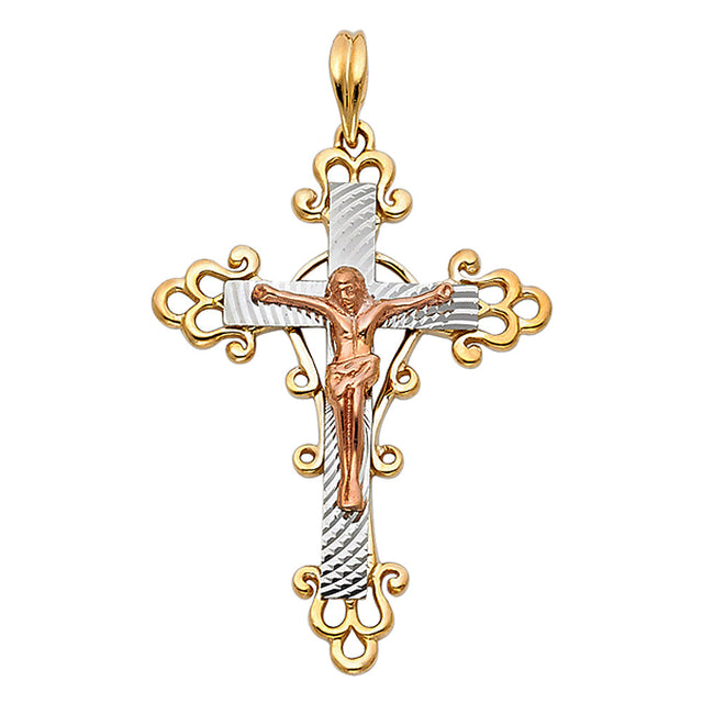14K Tricolor Gold Fancy Crucifix Pendant