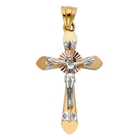 14K Tricolor Gold CZ Crucifix Pendant