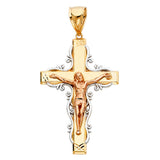 14K Tricolor Gold Scroll Filigree Crucifix Pendant on white background - Italian Fashions