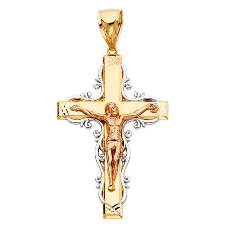 14K Tricolor Gold Scroll Filigree Crucifix Pendant on white background - Italian Fashions