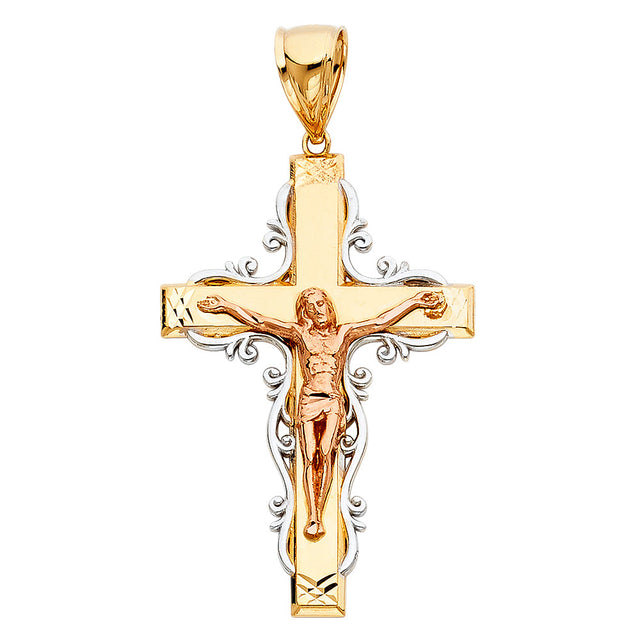 14K Tricolor Gold Scroll Filigree Crucifix Pendant on white background - Italian Fashions