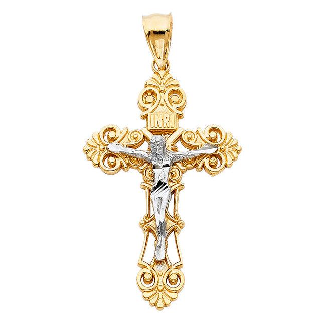 14K Two-Tone Gold Baroque INRI Crucifix Pendant, white corpus small — Italian Fashions