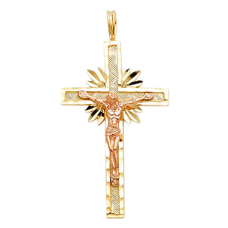 14K Two-Tone Gold Sunburst Crucifix Pendant on white background - Italian Fashions