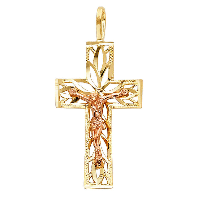 14K Two-Tone Gold Openwork Leaf Crucifix Pendant on white background - Italian Fashions