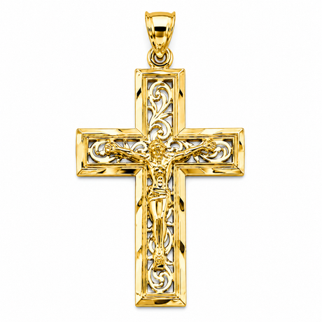 14K Yellow Gold Beveled Filigree Crucifix Pendant, large — Italian Fashions