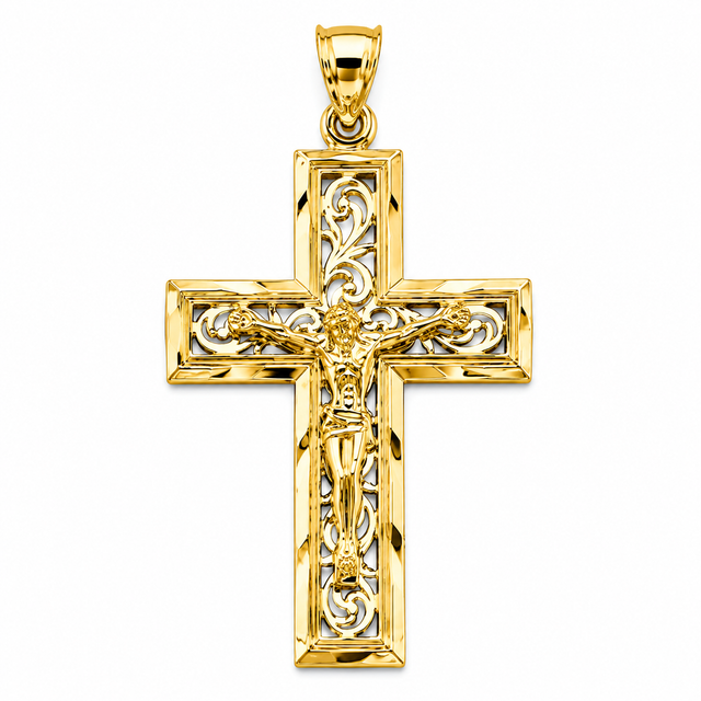 14K Yellow Gold Beveled Filigree Crucifix Pendant, large — Italian Fashions