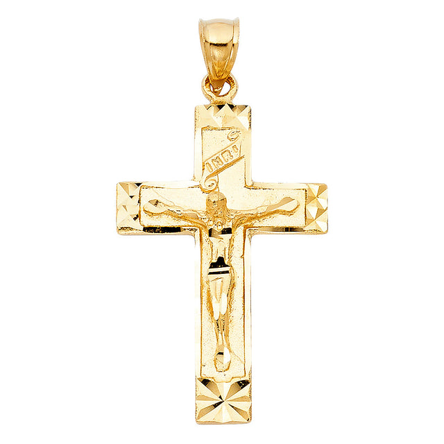 14K Yellow Gold Starburst INRI Crucifix Pendant on white background - Italian Fashions