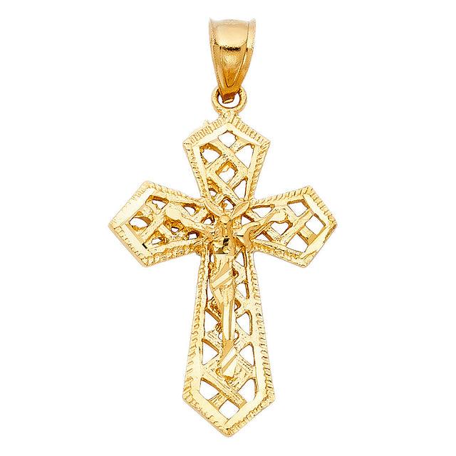 14K Yellow Gold Lattice Gothic Crucifix Pendant on white background - Italian Fashions