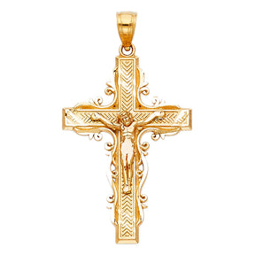 14K Yellow Gold Chevron Scroll Crucifix Pendant on white background - Italian Fashions