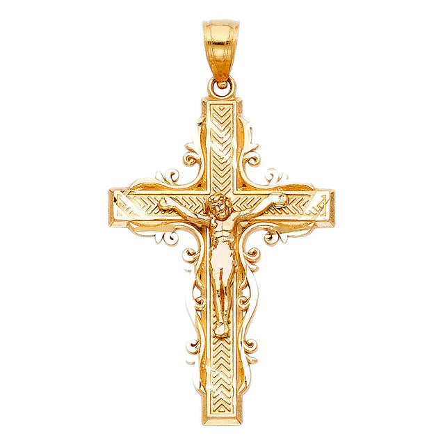 14K Yellow Gold Chevron Scroll Crucifix Pendant on white background - Italian Fashions