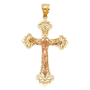 14K Two-Tone Gold Gothic Fleur Crucifix Pendant on white background - Italian Fashions