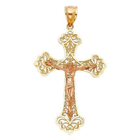 14K Two-Tone Gold Gothic Fleur Crucifix Pendant on white background - Italian Fashions