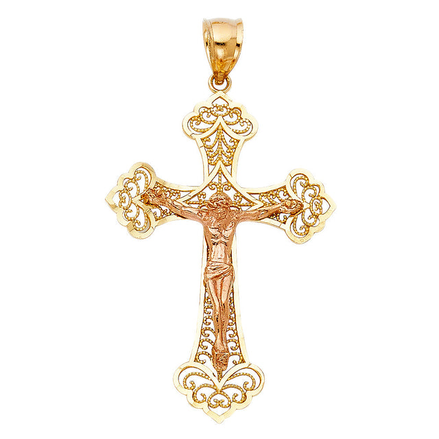 14K Two-Tone Gold Gothic Fleur Crucifix Pendant on white background - Italian Fashions