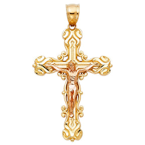 14K Two-Tone Gold Baroque Scroll Crucifix Pendant on white background - Italian Fashions