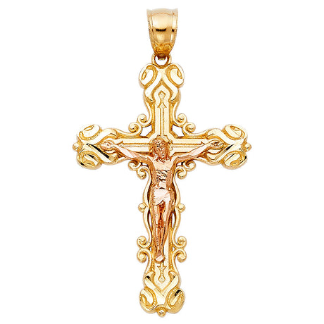 14K Two-Tone Gold Baroque Scroll Crucifix Pendant on white background - Italian Fashions