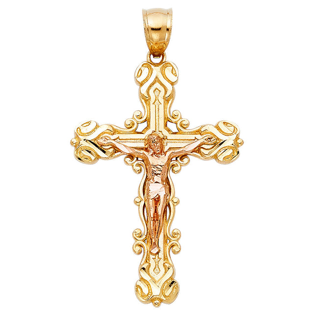 14K Two-Tone Gold Baroque Scroll Crucifix Pendant on white background - Italian Fashions