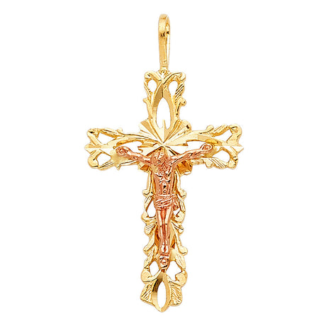 14K Two-Tone Gold Foliate Openwork Crucifix Pendant on white background - Italian Fashions