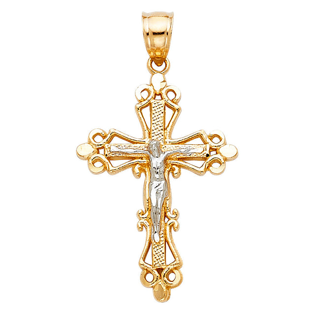 14K Two-Tone Gold Budded Fleur Crucifix Pendant on white background - Italian Fashions