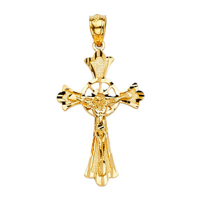 14K Yellow Gold Wheel Medallion Crucifix Pendant on white background - Italian Fashions