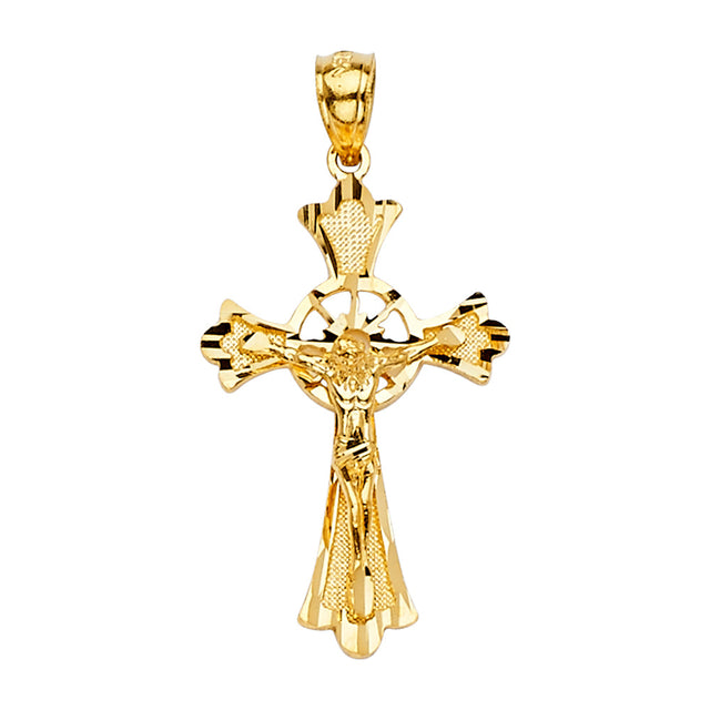 14K Yellow Gold Wheel Medallion Crucifix Pendant on white background - Italian Fashions