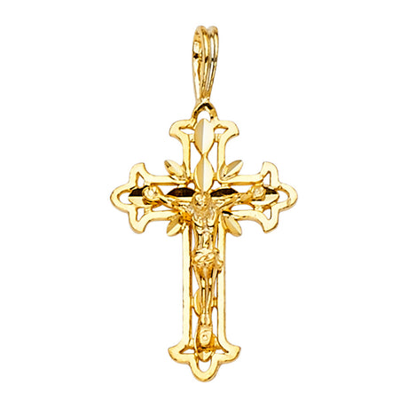 14K Yellow Gold Gothic Fretwork Crucifix Pendant on white background - Italian Fashions