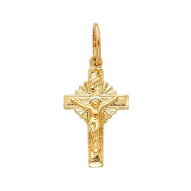 14K Yellow Gold Sunburst Ray Crucifix Pendant on white background - Italian Fashions
