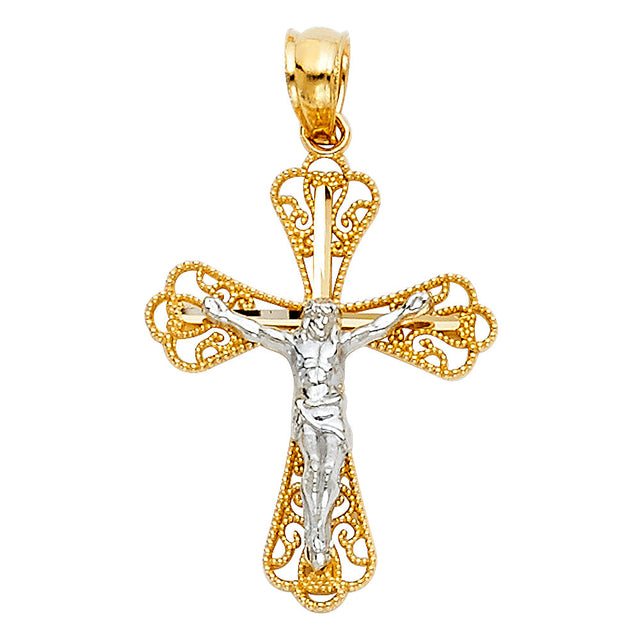 14K Two-Tone Gold Filigree Scroll Crucifix Pendant on white background - Italian Fashions