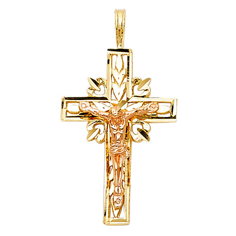 14K Two-Tone Gold Laurel Frame Crucifix Pendant on white background - Italian Fashions