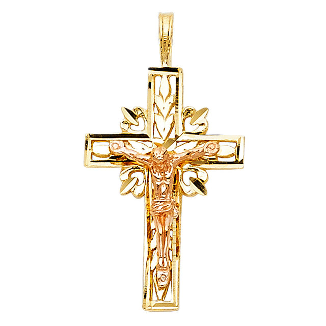 14K Two-Tone Gold Laurel Frame Crucifix Pendant on white background - Italian Fashions