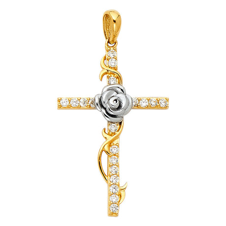 14K Two-Tone Gold Rose Cross Pendant