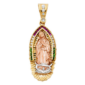 14K Tricolor Gold CZ Our Lady of Guadalupe Pendant