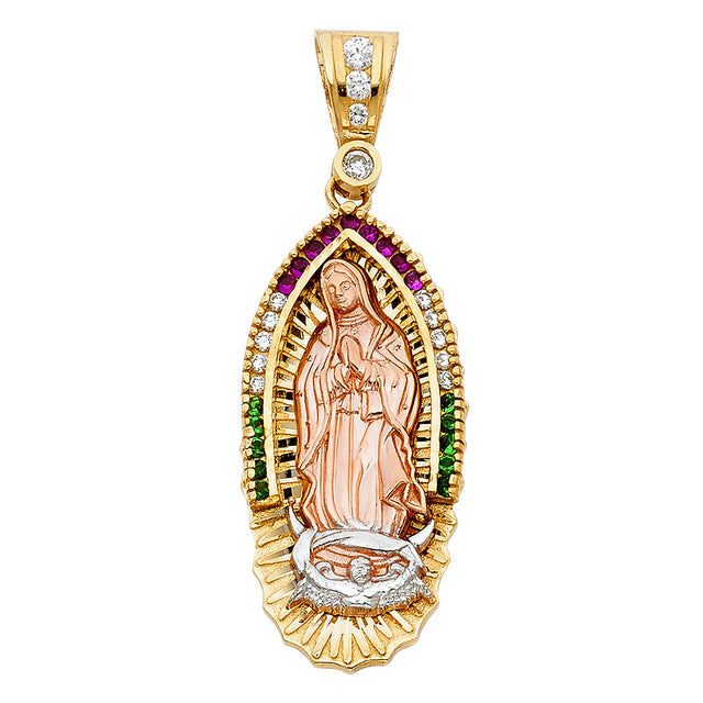 14K Tricolor Gold CZ Our Lady of Guadalupe Pendant