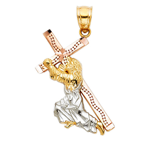 14K Tricolor Gold Jesus Carrying the Cross Pendant