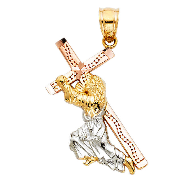 14K Tricolor Gold Jesus Carrying the Cross Pendant