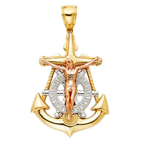 14K Tricolor Gold Crucifix Anchor Pendant