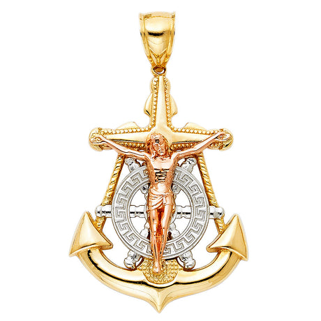 14K Tricolor Gold Crucifix Anchor Pendant